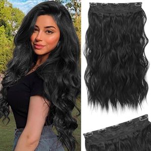 REECHO Black Hair Extensions, 20” Single Piece Clip in Hair Extensions Thick Long Beach Wavy Natural Soft Synthetic Hairpieces for Women, Natural Black