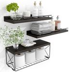 Hoiicco Bathroom Shelves with Metal Guardrail, Wood Floating Shelves Over Toilet with Wire Storage Basket, Floating Wall Shelves for Bedroom, Living Room, Kitchen and Bathroom (Black)