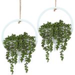 Hobyhoon Hanging Plant Artificial Succulents 2pcs Fake String of Pearls Plants 12.2'' in Wooden Pot for Indoor Outdoor Wall Decor