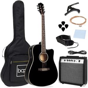 Best Choice Products Beginner Acoustic Electric Guitar Starter Set w/ 41in, All Wood Cutaway Design, Case, Strap, Picks - Black