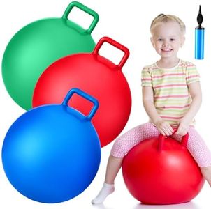 Lewtemi 3 Pcs Hopper Ball Jumping Hopping Ball, Exercise Ball Bouncing Ball with Handle and Air Pump for Outdoors Sports School Games Exercise (Red, Blue, Green, 15 Inch)