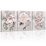 KAIRNE 3er Grey Pink Wall Art,Rose Flowers Canvas Prints,Ready to Hang Pink Artwork Floral Painting(11.8”X15.6,Framed),Modern Romantic Poster for Women Girl Bedroom Bathroom Living Room Decor