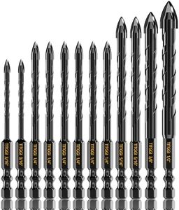 TITGGI 12PCS Masonry Drill Bit Set - Professional Concrete Drill Bits for Glass/Brick/Cement/Tile/Etc, Industrial Strength Carbide Cross Drill Bit Tips, 3/16"-1/2" by TITGGI