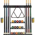 Pool Cue Rack - Pool Stick Holder Wall Mount With 16 Ball Holders & 6 Pack Of Chalk - Rubber Circle Pads & Large Clips Prevent Damage - Compact Billiard Table Accessories For Man Cave (Black)