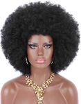 Kalyss 16" Women's Short Afro Kinky Curly Hair Black Wigs for Black Women Afro Wig Large Bouncy and Soft Natural Looking Premium Human Hair Blended Hair Wigs for Women,150% Density