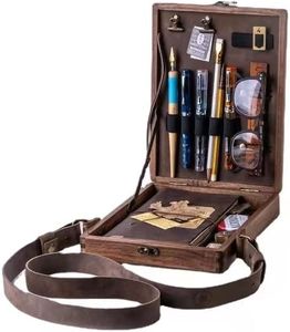 Writers Messenger Wood Box, Artist Tool and Brush Storage Box, Walnut Wooden Bag with Hinged Lid Shoulder Bag, Portable Wooden Handmade Craft Crossbody Postman Bag Writers or Painter (only box)