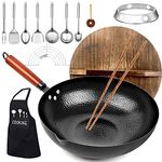12.6'' Carbon Steel Wok Pan, KAQINU 14 Piece Stir Frying Pans Set with Wooden Lid & Cookwares, No Chemical Coated Flat Bottom Chinese Woks for Induction, Electric & Gas Stoves, Black
