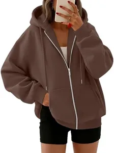 Trendy Queen Womens Zip Up Hoodies Oversized Sweatshirts Fall Fashion Spring Outfits Casual Jackets 2026 Winter Clothes Chocolate Brown M