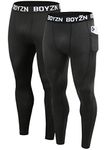 Boyzn Men's 2 Pack Pocket Compression Cool Dry Pants Active Base Layer Tights Workout Running Leggings with Pockets Black/Carbon Pocket-S