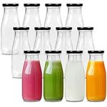 BELLE VOUS Reusable Glass Bottles with Lids (12 Pack) - Small Glass Drinking Bottles - 300ml Milk Bottles - Juice & Smoothie Bottles with Metal Lids