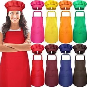 SATINIOR 8 Sets Apron Chef Hat Set Adult Apron with Pockets Adjustable Chef Hat and Apron Set Women Men Chef Costume for Cook, Classic Colors