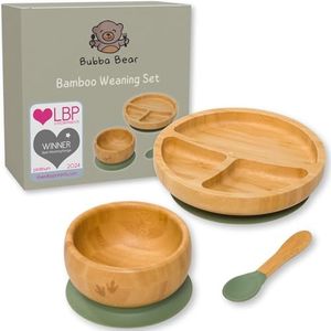 Bubba Bear ® Set di svezzamento per bambini,Piatti, ciotole e cucchiai di bambù per l'alimentazione a LED del bambino, ciotola e cucchiaio per bambini dai 6 mesi,Bavaglino BLW per bambini opzionale
