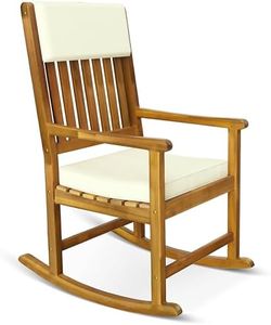 Casaria® Schaukelstuhl Gartenstuhl Holz Creme 160kg Belastbar Bezug 30° Waschbar Armlehne Schaukelsessel Garten Balkon Stuhl Wetterfest Schwingsessel Akazie 76x107cm