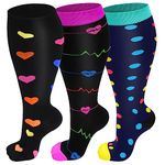 3 Pairs Plus Size Compression Socks (20-30 mmHg) for Women & Men, Wide Calf Extra Large Calves Knee High Flight Socks Stockings for Nurses, Seniors (4XL)