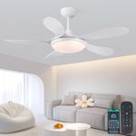 Ceiling Fans with Lights and Remote, 46 Inch White Ceiling Fan for Bedroom with 5 Reversible Blades, Modern Ceiling Fan Noiseless Reversible DC Motor, 6 Speeds, Timing