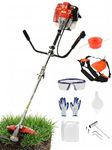 2-in1 52cc Petrol Strimmer Brush Cutter, 2 Stroke Grass Trimmer with 3T Blade and String Trimmer Head, Garden Tool for Long Grass, Weeds, Brambles, Fence Lines, Paths, Edges Red