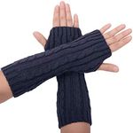 Flammi Women's Cable Knit Arm Warmers Fingerless Gloves Thumb Hole Gloves Mittens (Navy Blue)