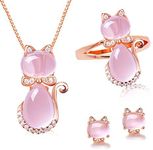 Uloveido Girl's Simulated Oval Cut Pink Opal Cat's Eye Stud Earrings Necklace Ring Rose Gold Plated Cute Cat Animal Jewelry Set (Size 6) Y427