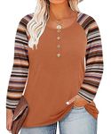 RITERA Plus Size Women's Tee Stripe Long Sleeve Blouses 2X Button Henley Crewneck Tops Burnt Orange Shirts Raglan Color Block Caramel Pullover Warm Tunics Fall Winter Tee 2XL 18W 20W