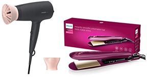 Philips Professional Hair Dryer BHD356/10 2100 Watts Thermoprotect Air Flower Advanced Ionic Care 6 Heat & BHS738/00 Kerashine Titanium Wide Plate Straightener With SilkProtect Technology