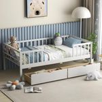 KOMFOTT Wood Twin Kids Bed Frame with 2 Pull-Out Drawers & Side Shelf, Twin Bed Frame with Fence Railings, No Box Spring Needed Solid Wood Slats Supported Daybed for Children & Teens (White)