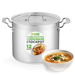 12-Quart Stainless Steel Stockpot - 18/8 Food Grade Heavy Duty Large Stock Pot for Stew, Simmering, Soup, Includes Lid, Dishwasher Safe, Works w/Gas, Induction, Ceramic & Halogen Cooktops