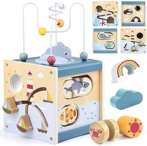 Wooden Activity Cube Montessori Toy with Ocean Elements, Educational Learning Toy for Toddlers 1 Year and Up, 12–36 Months Sensory Interactive Toy for Boys and Girls, Ideal Birthday Gift