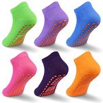 GRPSKCOS Non Slip Kids Socks- 6 Pairs Trampoline Anti-Skid Socks Sticky Grips Indoor Breathable Socks for Boys Girls Kids (04 Rose red+Orange+Blue+Green+Dark Purple+Purple, 6-9 Years)