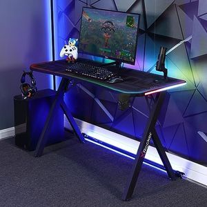 X-Rocker Lumio - Escritorio RGB para juegos de 120 x 61 cm, mesa grande para juegos para laptop, escritorio de oficina en casa, escritorio para juegos con efecto de fibra de carbono, con gancho para