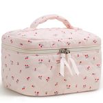 Prite Floral Makeup Bag Cotton Quilted Cosmetic Pouch Cute Travel Toiletry Bag Aesthetic Skincare Organiser for Women and Girls (Cherry)