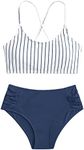 SweatyRocks Women's Bathing Suits Striped Criss Cross Bikini Set High Waisted Swimsuits Stripe Navy Blue X-Small