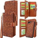 Harryshell Detachable Magnetic Zipper Wallet Leather Case with Wrist Strap Cash Pocket with Multi Card Slots Holder for iPhone 8 Plus/iPhone 7 Plus / 6S Plus 5.5 Inch Floral Flower (Light Brown)