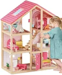 Tiny Land Wooden Dollhouse for Girls - 6 Rooms Wooden Doll House, DIY Pretend Dream House with 30Pcs Furniture Accessories, Gift for Girl Ages 3+