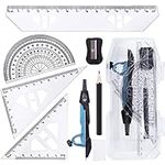 HAKACC Geometry Compass Set, 8PCS Maths Compass Drawing Compass with Rulers Pencil Eraser Sharpener Storage Case for Stationery School Engineers Drafting