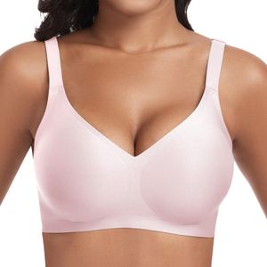 Cavotor Women Seamless Bra Non Wired Push Up Support Bras for Saggy Breasts Wireless T Shirt Soft Comfort Ladies V Neck Padded Bralettes with Extender (Pink,M)