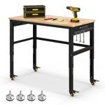 Goplus Work Bench with Power Outlet, 48” Adjustable Oak Wood Work Table w/Universal Lockable Wheels & Non-Slipping Footpads, 1760LBS Capacity, Heavy Duty Steel Workbench for Garage Workshop Home