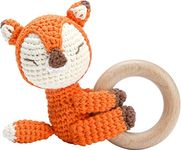 SYCAMORE EAST Wooden Baby Rattle Crochet Fox Baby Toys Handmade Newborn Toy Early Development Grips Stuffed Animal Organic Rattle (Fox)