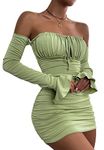 Zesoyne Women Off The Shoulder Ruched Bodycon Mini Dress Flounce Long Sleeve Tie Front Short Club Dresses Medium Light Green