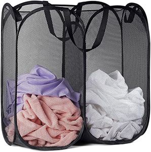 Handy Laundry Mesh Popup Hamper - Two Compartments, Collapsible for Storage and Easy to Open. Folding Pop-Up Clothes are Great for The Kids Room, College Dorm or Travel. (Black)