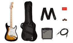 Squier by Fender Sonic Stratocaster Electric Guitar Pack, Maple Fingerboard in 2 Colour Sunburst, Gig Bag, Squier Frontman 10W Guitar Amp, Picks, Strap, Cable