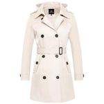 FARVALUE Women's Waterproof Trench Coat Double Breasted Windbreaker Classic Belted Lapel Overcoat with Removable Hood, Beige, M