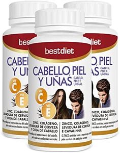 Bestdiet - Vitaminas Cabello, Piel y Uñas con Colágeno Marino Hidrolizado, Acido Fólico, Biotina Cabello, Levadura de Cerveza y Vitamina B6, A, C y E y Zinc, para Mujer y Hombre, Pack 3 x 60 cápsulas