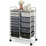 KOTEK 15-Drawer Rolling Storage Cart, Multipurpose Mobile Utility Cart with 4 Wheels, Home Office School Tools Scrapbook Paper Organizer (Grey & Black)