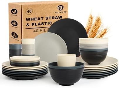 BUSOKIP 40 PCS Wheat Straw Dinnerware Set | Unbreakable Dishes Set for 8 - Alternative to Plastic Plates and Bowls Sets, Cereal Bowl, Water Cups, Dishwasher & Microwave Safe Bowls for Kitchen - Dark