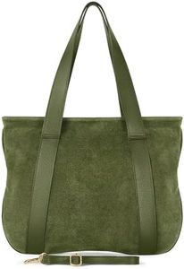 Italian Genuine Suede Leather Tote for Women with Secure Zipper & Adjustable Strap | Large City Shoulder Carryall (Olive)