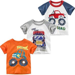 JUNOAI Toddler Little Boys Clothes 3-Pack Short Sleeve Crewneck T-Shirts Top Tee Size for 2-6 Years, Truck, 2T