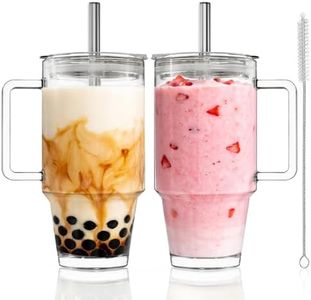 KEMORELA 24oz Clear Glass Tumbler with Handle, Lid & 13mm Stainless Steel Straws,2 set–Wide-Mouth Reusable Glass Cups for Cold & Hot Drinks, Ideal for Boba,Smoothies, Iced Coffee & Juice, Travel Cup