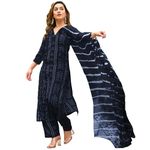 ANNI DESIGNER Women's Rayon Blend Straight Bandhej Printed Kurta with Pant & Dupatta (Baghira Grey_L_Grey_Large)