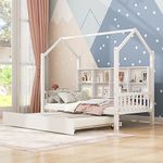 Merax Twin Size Wooden House Bed,Solid Wood Twin Bed Frames with Trundle and Shelf,Kids House Bed,White