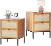 Yechen Rattan Nightstand Set of 2, Boho Bedside Table with Natural Rattan Decorated 2 Drawers, Small Farmhouse Night Stand for Bedroom, Coastal Accent Furniture, Light Brown, Metal Legs